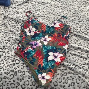 Hollister Olive Floral One-Piece Swimsuit with Red & Teal Accents